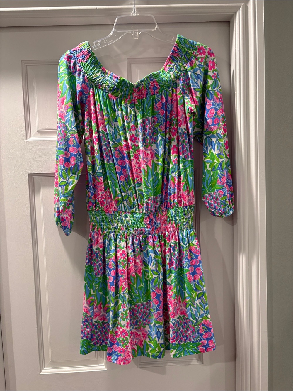 Lilly Pulitzer Skirted Romper Size S Pink Green Blue Floral Off Shoulder Skort